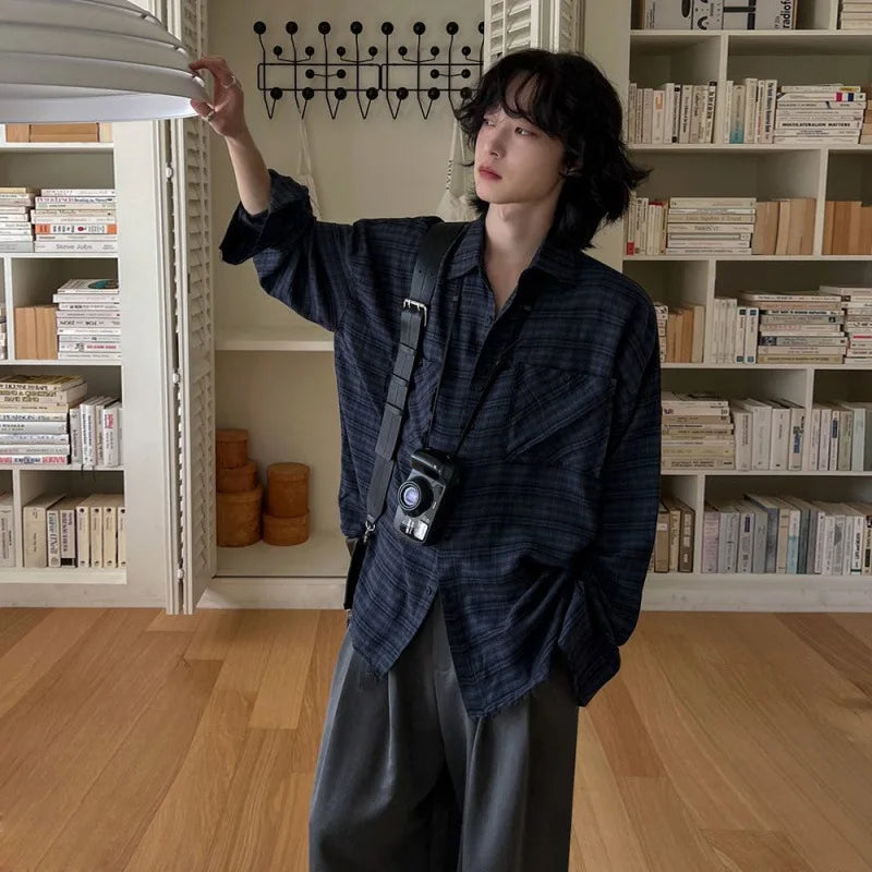 Men Plaid Design Long Sleeved Shirt New Spring Loose Casual Single Breasted Shirts Korean Turn-down Collar Trendy 9W1445