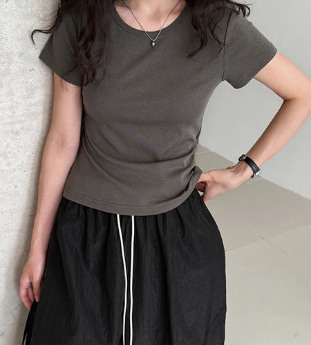 Women Dark Gray Back Hollow Out Casual Slim T-shirt New Round Neck Short Sleeve Fashion Tide Spring Summer 2025 1DJ1546