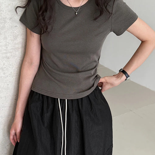 Load image into Gallery viewer, Women Dark Gray Back Hollow Out Casual Slim T-shirt New Round Neck Short Sleeve Fashion Tide Spring Summer 2025 1DJ1546
