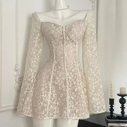 Load image into Gallery viewer, Vintage Women Beige Lace Elegant Backless Short Dress Autumn Square Neck Long Sleeves Birthday Evening Party Dress 2024 Holiday
