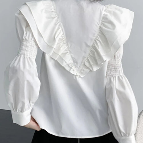 Load image into Gallery viewer, Solid Patchwork Ruffles Elegant Shirts For Women Lapel Puff Sleeve Splcied Single Breasted Casual Slim Shirt Female
