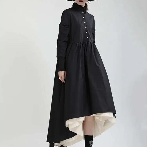 Load image into Gallery viewer, Women Black Layers Irregular Long Elegant Dress New Stand Collar Long Sleeve Fashion Tide Spring Autumn 2025 1DH9894
