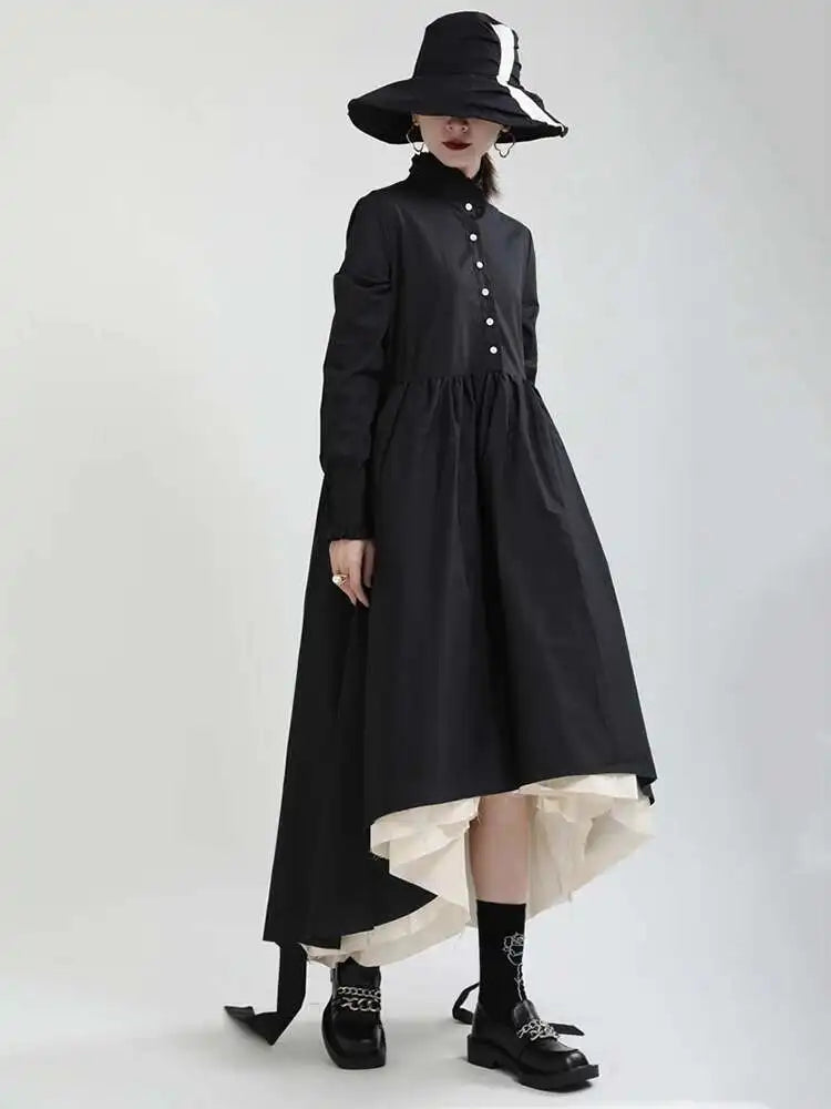 Women Black Layers Irregular Long Elegant Dress New Stand Collar Long Sleeve Fashion Tide Spring Autumn 2025 1DH9894