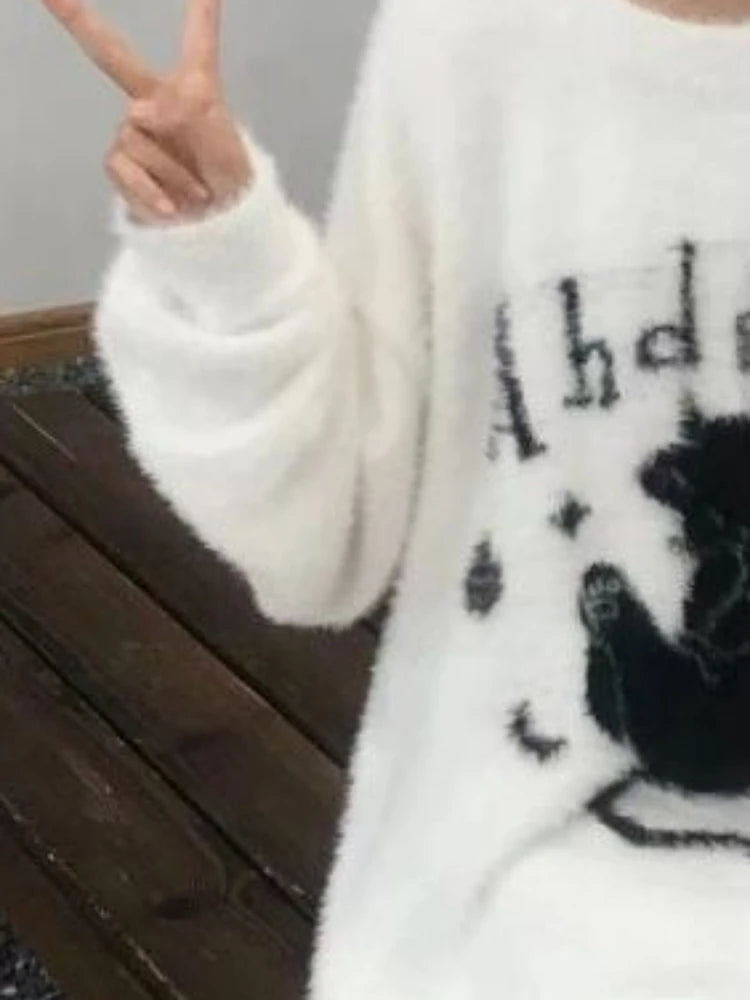 Oversized Harajuku Grunge Cartoon Jacquard Sweaters Streetwear Vintage Hole Jumpers 2025 Women Y2k Aesthetic Casual Pullovers