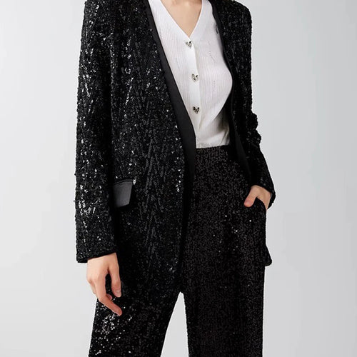 Load image into Gallery viewer, Solid Spliced Sequines Casual Jackets For Women V Neck Long Sleeve Patchwork Pockets Temperament Coat Female New
