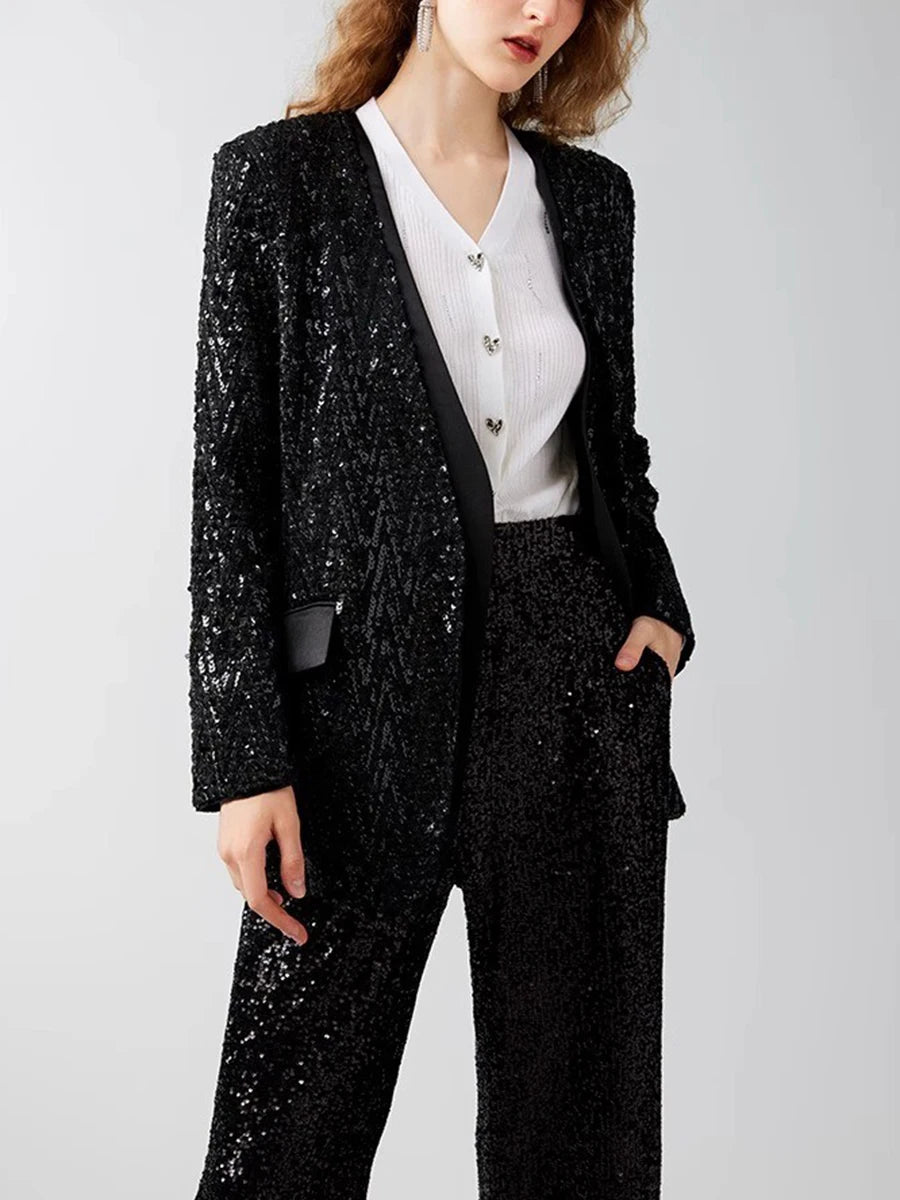 Solid Spliced Sequines Casual Jackets For Women V Neck Long Sleeve Patchwork Pockets Temperament Coat Female New