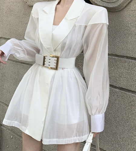 Solid Spliced Belt Slimming Mini Dresses For Women V Neck Long Sleeve High Waist Temperament Dress Female Fashion