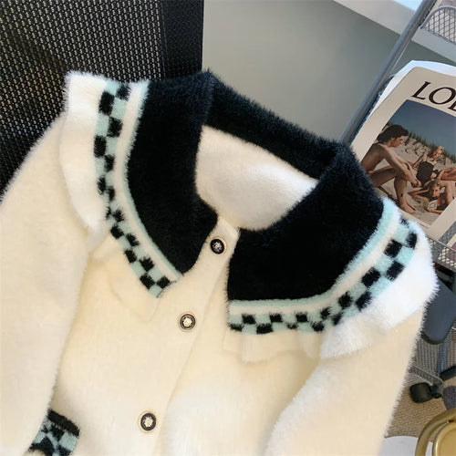 Load image into Gallery viewer, French Vintage Black White Patchwork Mink Sweater Women's 2024 Autumn Winter New Elegant Long Sleeve Cardigan Knit Tops Fashion
