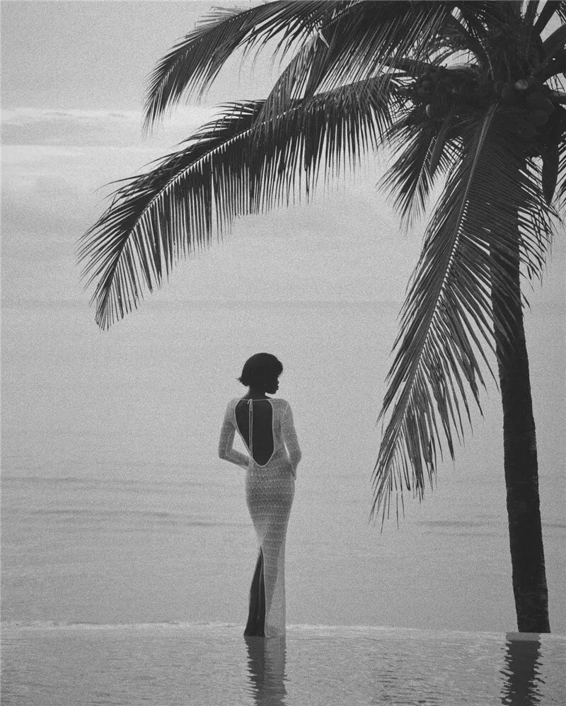 Hollow Out Knit Sexy Maxi Dress Women Fashion See Through Smock Dress Elegant Long Sleeve Backless Fishtail Dress