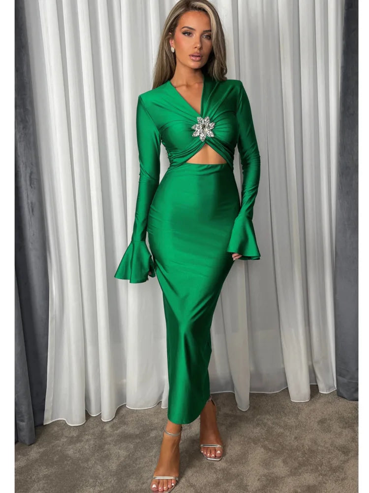 Long Sleeved Diamond Hollow Dress for Women, Elastic Tight Flare Sleeves, Elegant Female Gown, Elegant Clubwear, Party