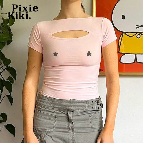 Load image into Gallery viewer, Star Print Graphic Tee Cut Out Short Sleeve T Shirts for Woman 2000s Clothes Y2k Fitted Crop Tops Pink Blue P85-AI12
