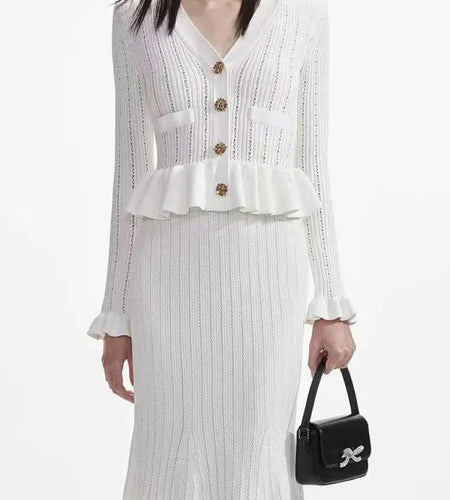 French Women Black White V Neck Elegant Slim Long Sleeved Dress Spring Blue Single Breasted Office Lady Knit Fishtail Dress Chic