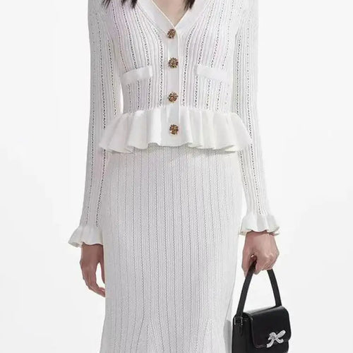 Load image into Gallery viewer, French Women Black White V Neck Elegant Slim Long Sleeved Dress Spring Blue Single Breasted Office Lady Knit Fishtail Dress Chic
