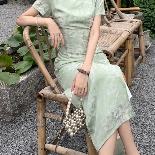 Load image into Gallery viewer, Summer Hollow Split Female Dress Chinese Style Cheongs Solid Color Slim Waist Printing Elegant Chic Women Maxi Dresses
