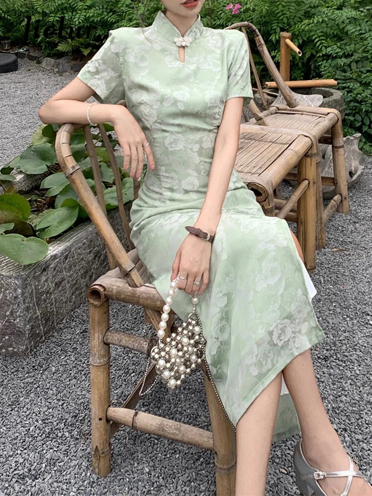 Summer Hollow Split Female Dress Chinese Style Cheongs Solid Color Slim Waist Printing Elegant Chic Women Maxi Dresses