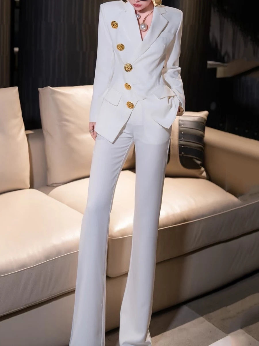 Slimming Two Piece Sets for Women Lapel Long Sleeves Spliced Single Breasted Blazer High Wasit Pant Set Female New