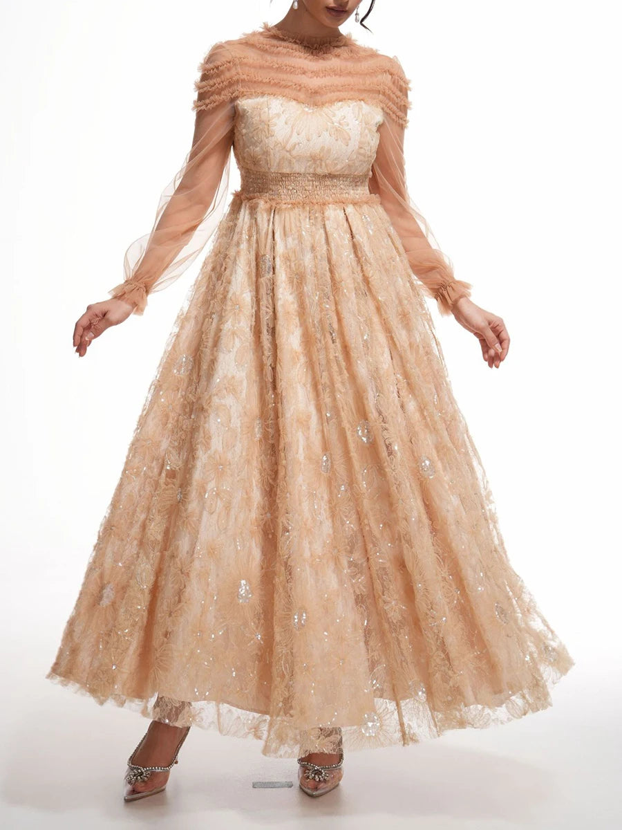 Hit Color Spliced Mesh Long Dresses For Women O Neck Long Sleeve High Waist Temperament Dress Female Fashion New