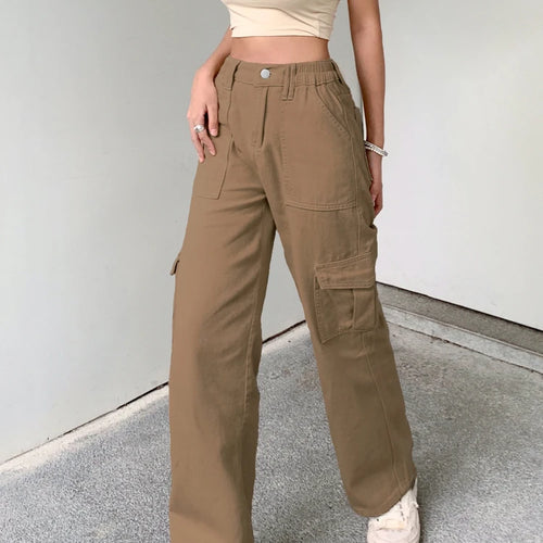 Load image into Gallery viewer, Casual Solid Straight Khaki High Waist Female Jeans Streetwear Basic Cargo Trousers Denim Loose Pockets Korean Pants
