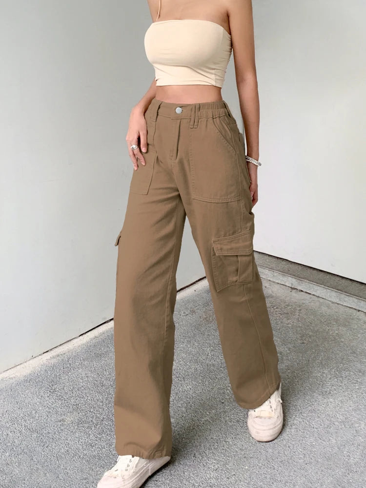 Casual Solid Straight Khaki High Waist Female Jeans Streetwear Basic Cargo Trousers Denim Loose Pockets Korean Pants