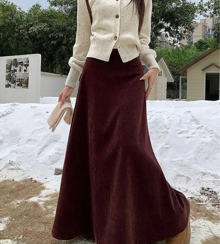 Autumn Winter Korean Black Brown High Waist Elegant Long Skirts Women Vintage Simplicity Purple Slim Vacation Skirt Streetwear
