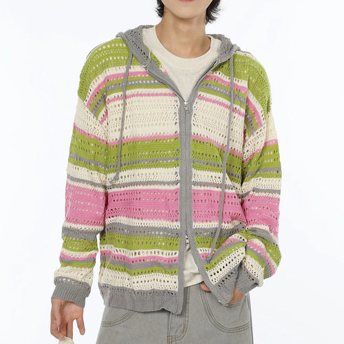 Load image into Gallery viewer, Y2k Aesthetic Vintage Thin Knitted Hooded Cardigan  Autumn Oversize Loose Stripe Women Sweater Zipper Harajuku Cardigans Femme
