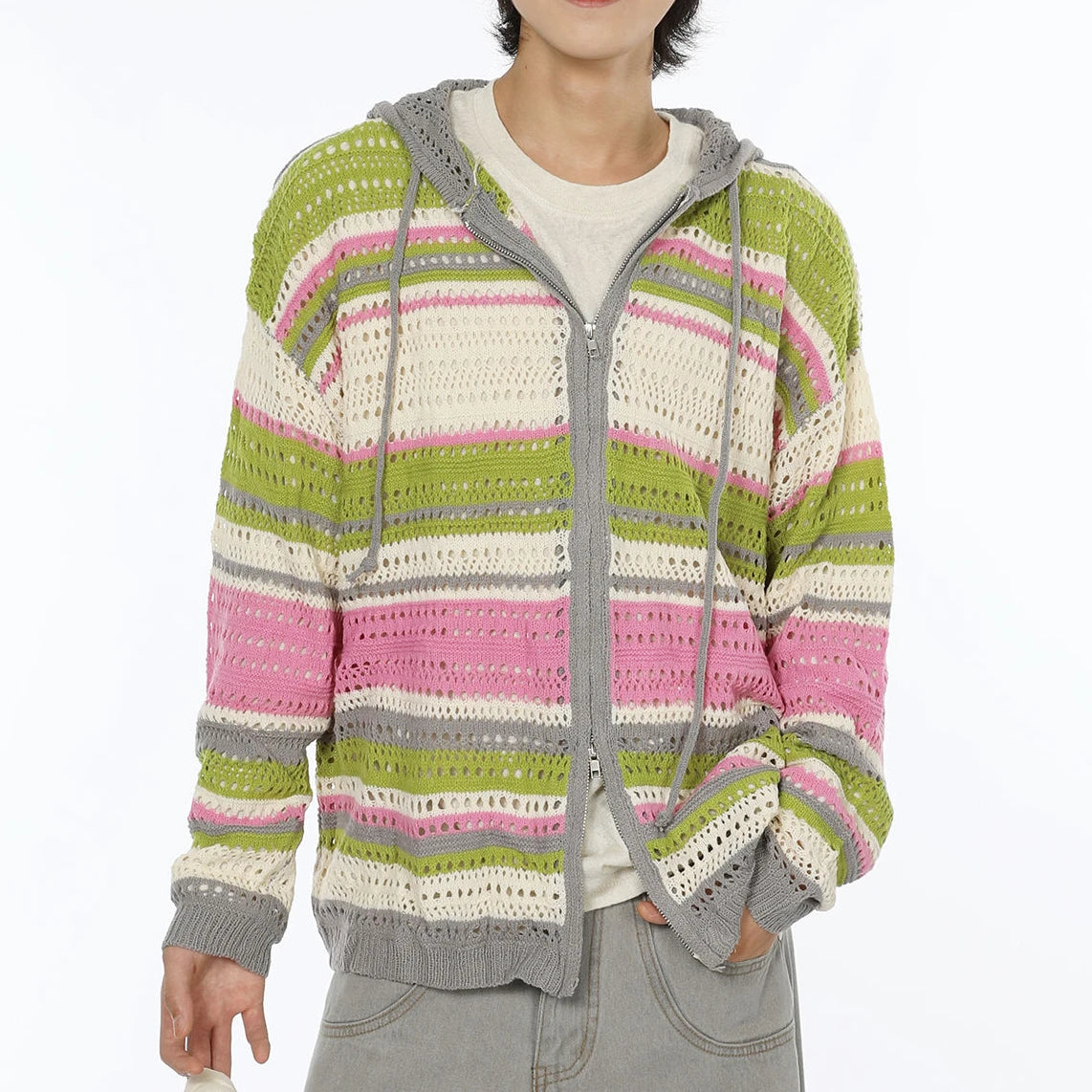 Y2k Aesthetic Vintage Thin Knitted Hooded Cardigan  Autumn Oversize Loose Stripe Women Sweater Zipper Harajuku Cardigans Femme