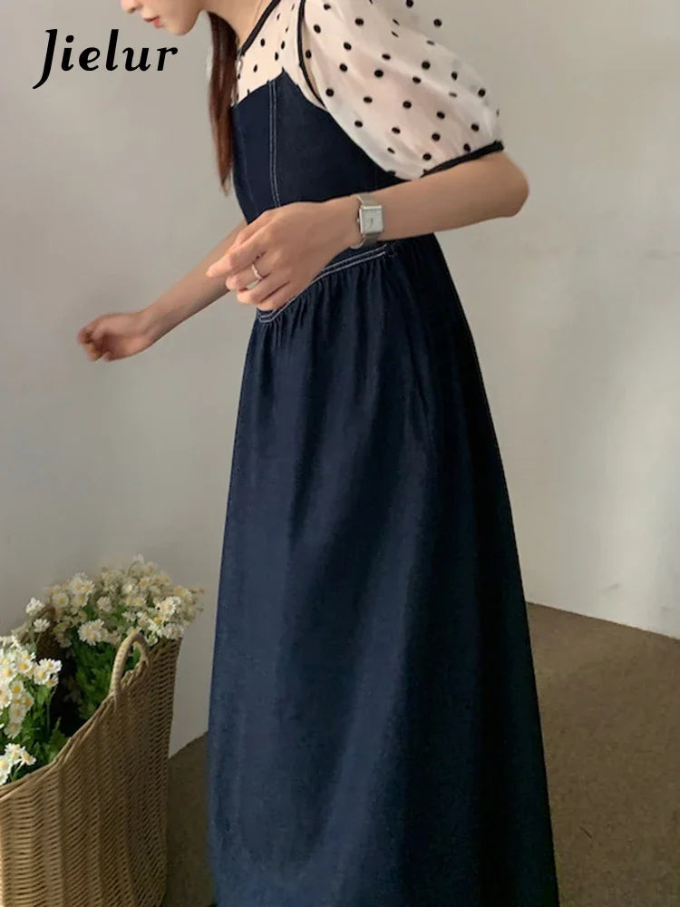 Solid Color Slim Waist Female Strapless Dress Casual Office Ladies Washed Blue Sleeveless Slash Neck Elegant Women Dress