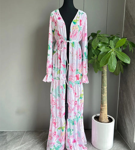Flowers Printed Long Sleeve With Belt Tunic Beach Cover Up Cover-ups Long Beach Dress Beach Wear Beachwear Female Women V5911
