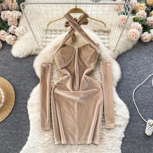Load image into Gallery viewer, Korean Version Khaki Hanging Neck Sexy Club Slim Velvet Mini Dress Off Shoulder Backless Short Dress Spring Summer With Sleeves
