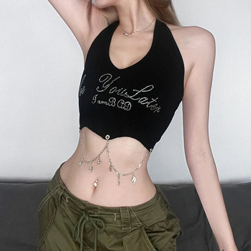 Load image into Gallery viewer, Street Style Punk Metal Chain Halter Tank Camis Gothic Harajuku Letter Rhinestone Open Back Summer Crop Tops Clothes
