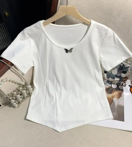 Summer Women Round-neck Short-sleeve Irregular Bow T-shirt Korean Version Solid Slim Festival Cotton Tops Simplicity Popular New