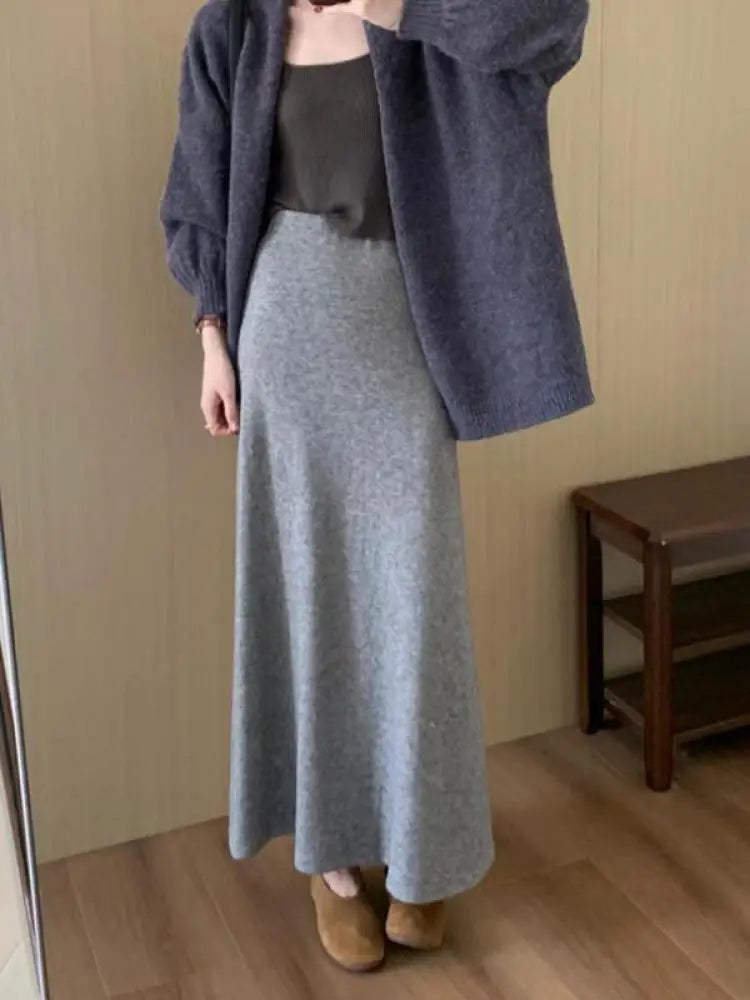 Korean Version 2024 Solid High Waist Versatile Slim Long Skirts For Women Autumn Office Elegant Festival Skirt Simplicity Street