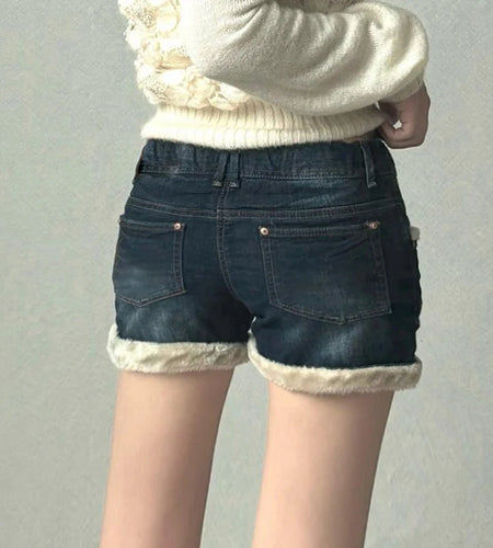 Faux Fur Trim Patchwork Denim Shorts Y2K Aesthetics Hotsweet Winter Pocket Button Cute Short Pants Korean Bottoms New
