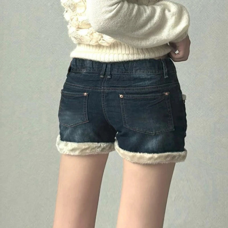 Faux Fur Trim Patchwork Denim Shorts Y2K Aesthetics Hotsweet Winter Pocket Button Cute Short Pants Korean Bottoms New