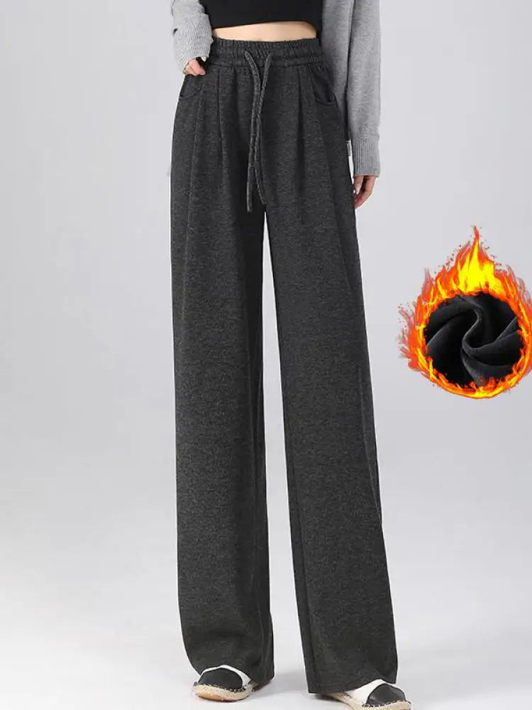 Winter Women Solid Velvet High Waist Drawstring Pant Korean Fashion Versatile Wide Leg Trousers Casual Thick New 2024 Trend Chic