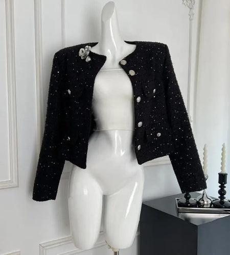 Autumn Vintage New Women's Black Temperament Round Neck Jacket French Fashion Purple Single Breasted Long Sleeve Short Coat Chic