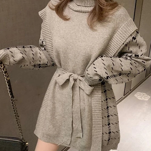 Load image into Gallery viewer, Fashion Black Gray Women Sweater Autumn Winter Turtleneck Stitching Fake Two Piece Dress Loose Pullover Knit Dresses
