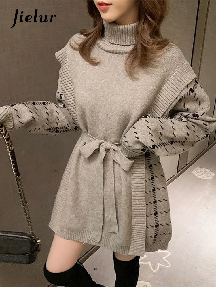 Fashion Black Gray Women Sweater Autumn Winter Turtleneck Stitching Fake Two Piece Dress Loose Pullover Knit Dresses