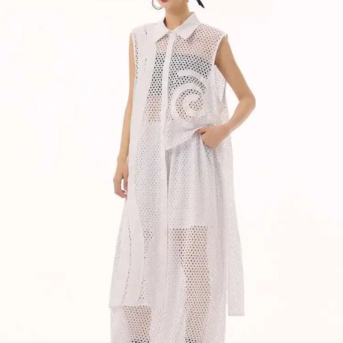 Load image into Gallery viewer, Women White Hollow Out Big Size Long Elegant Shirt Dress New Lapel Sleeveless Fashion Tide Spring Autumn 2025 1DH9424
