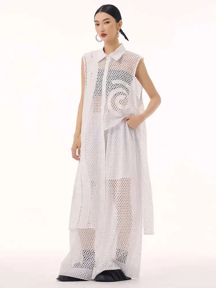 Women White Hollow Out Big Size Long Elegant Shirt Dress New Lapel Sleeveless Fashion Tide Spring Autumn 2025 1DH9424