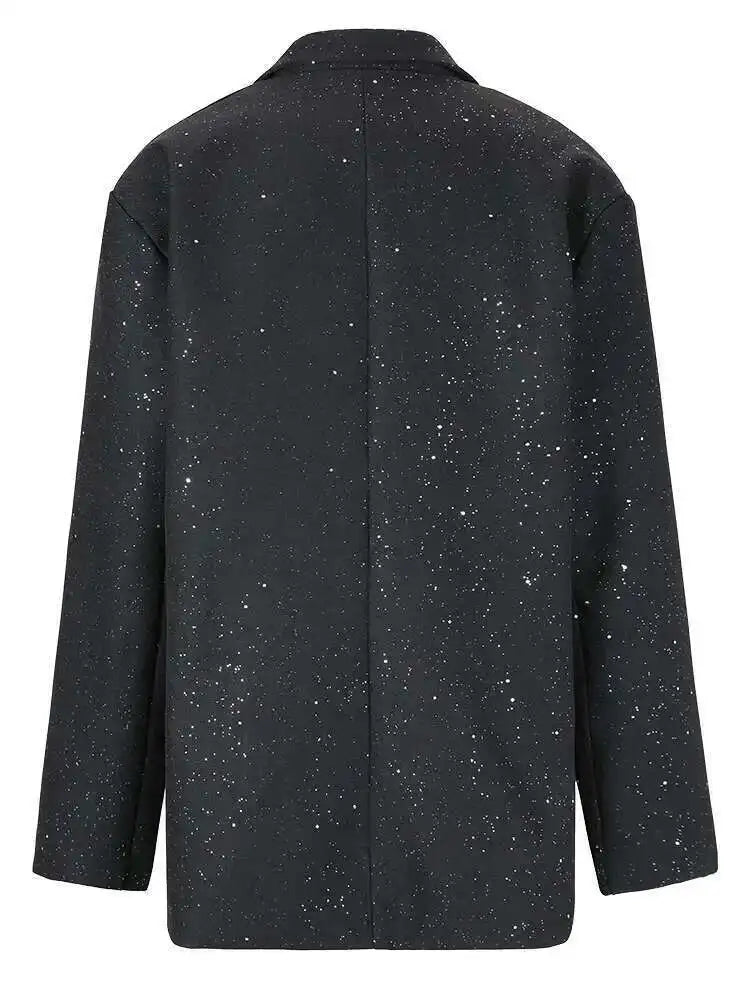 Women Black Shining Big Size Elegant Blazer New Lapel Long Sleeve Loose Fit Jacket Fashion Tide Spring Autumn 2025 CPG0664