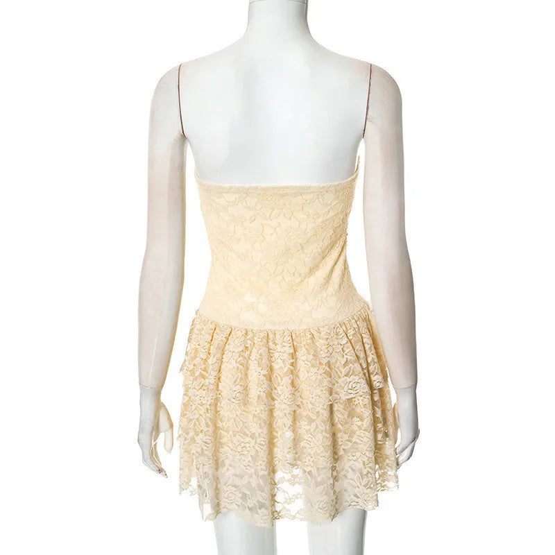 Off-shoulder Strapless Sexy Mini Dress For Women Elegant Lace Sleeveless Backless High Waist Pleated Cake Dress