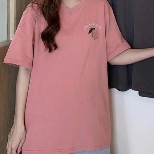 Load image into Gallery viewer, Loose Korean Style Summer T shirt Women Peach Embroidery Top Female Casual Short Sleeve Women&#39;s T-Shirts Apricot M-XL
