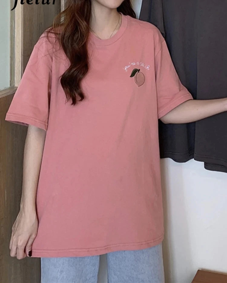 Loose Korean Style Summer T shirt Women Peach Embroidery Top Female Casual Short Sleeve Women's T-Shirts Apricot M-XL