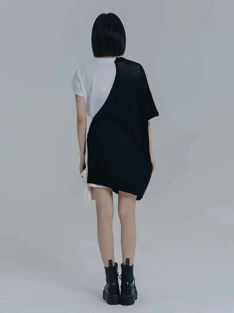 Women White Color-block Irregular Casual T-shirt New Round Neck Short Sleeve Fashion Tide Spring Summer 2025 1DE8091