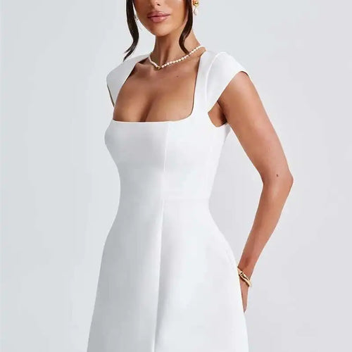 Load image into Gallery viewer, Square Collar Short Sleeve Mini Dress For Women Robe New Fashion Solid A-line Loose High Waist Short Dress Elegant
