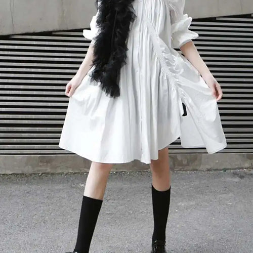 Load image into Gallery viewer, Women Blue Irregular Pleated Big Hem Shirt Dress New Stand Neck Long Sleeve Loose Fashion Tide Spring Autumn 2025 1DF9549
