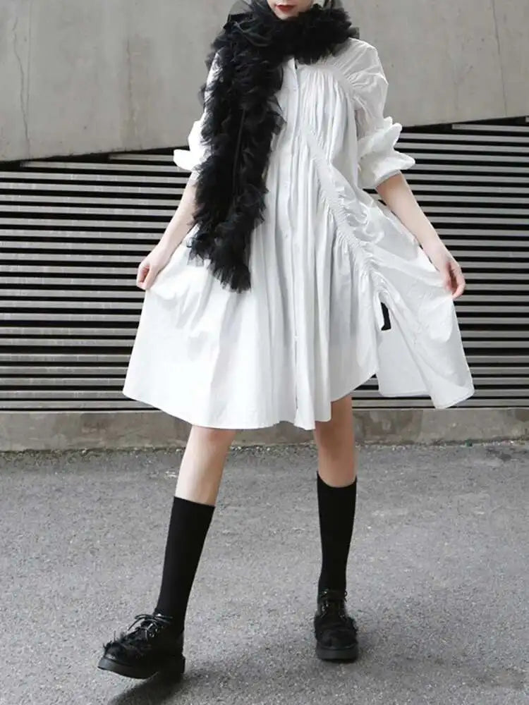 Women Blue Irregular Pleated Big Hem Shirt Dress New Stand Neck Long Sleeve Loose Fashion Tide Spring Autumn 2025 1DF9549