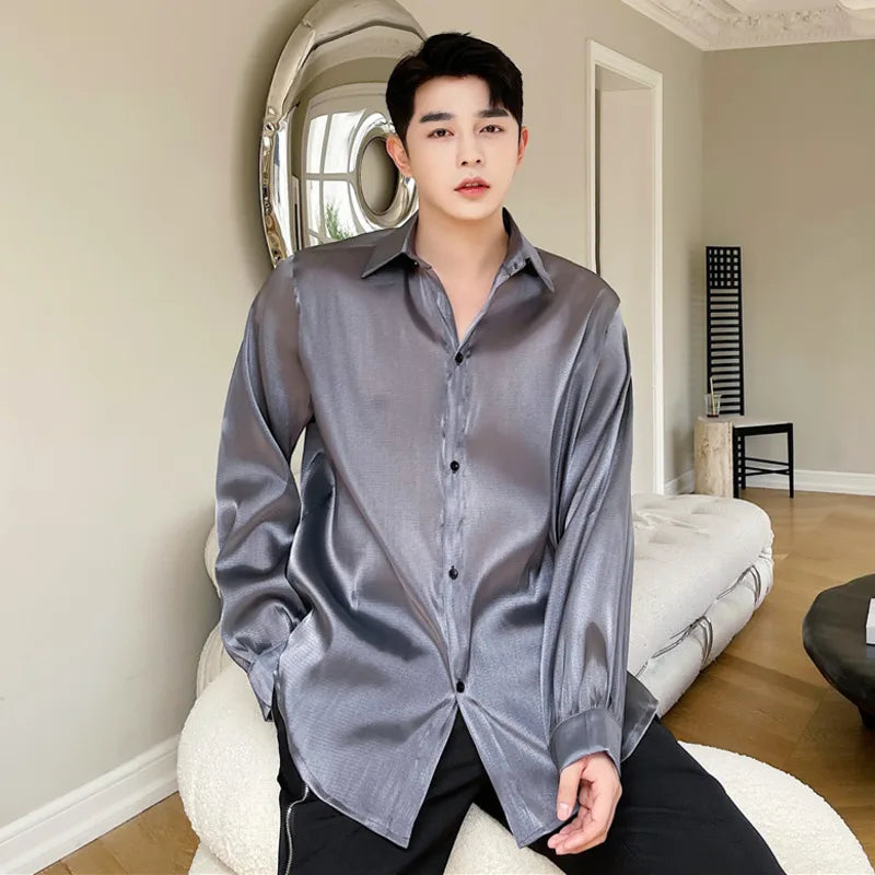 Men's Shirts Long Sleeve Design New Summer Smooth Loose Solid Color Trendy Casual Thin Male Shirt 2025 Korean Style 9W1546