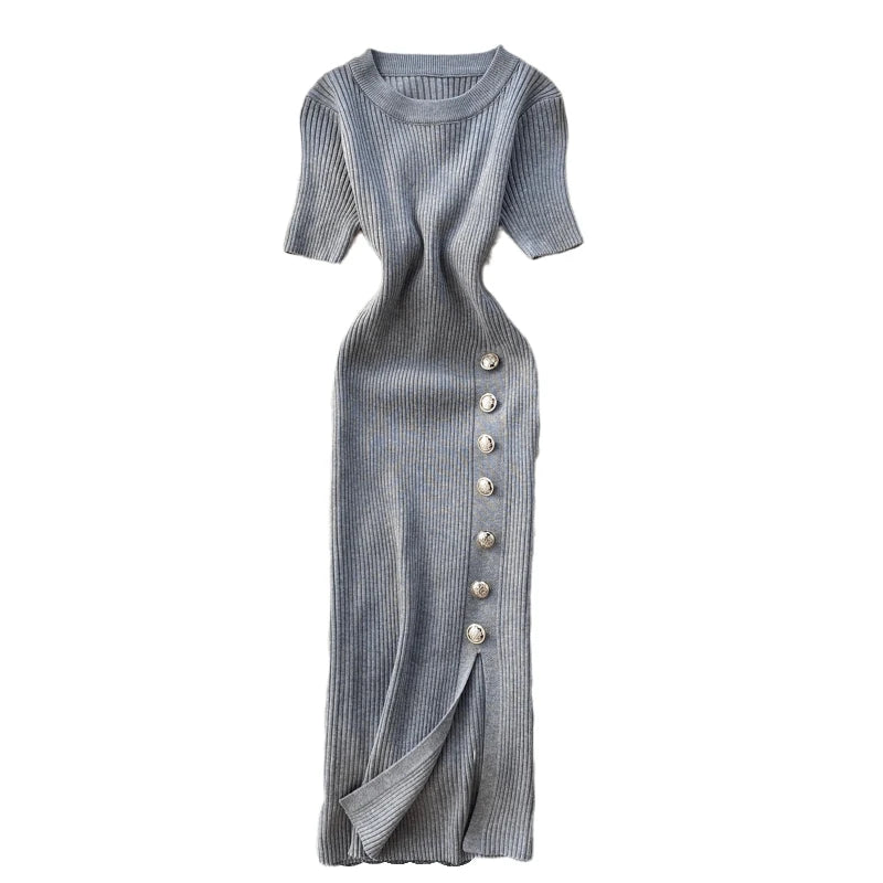 Summer Korean Solid Round Neck Slim Single Breasted Short Sleeve Long Dress Women Festival Wrap Hip Split Knitted Dress Popular